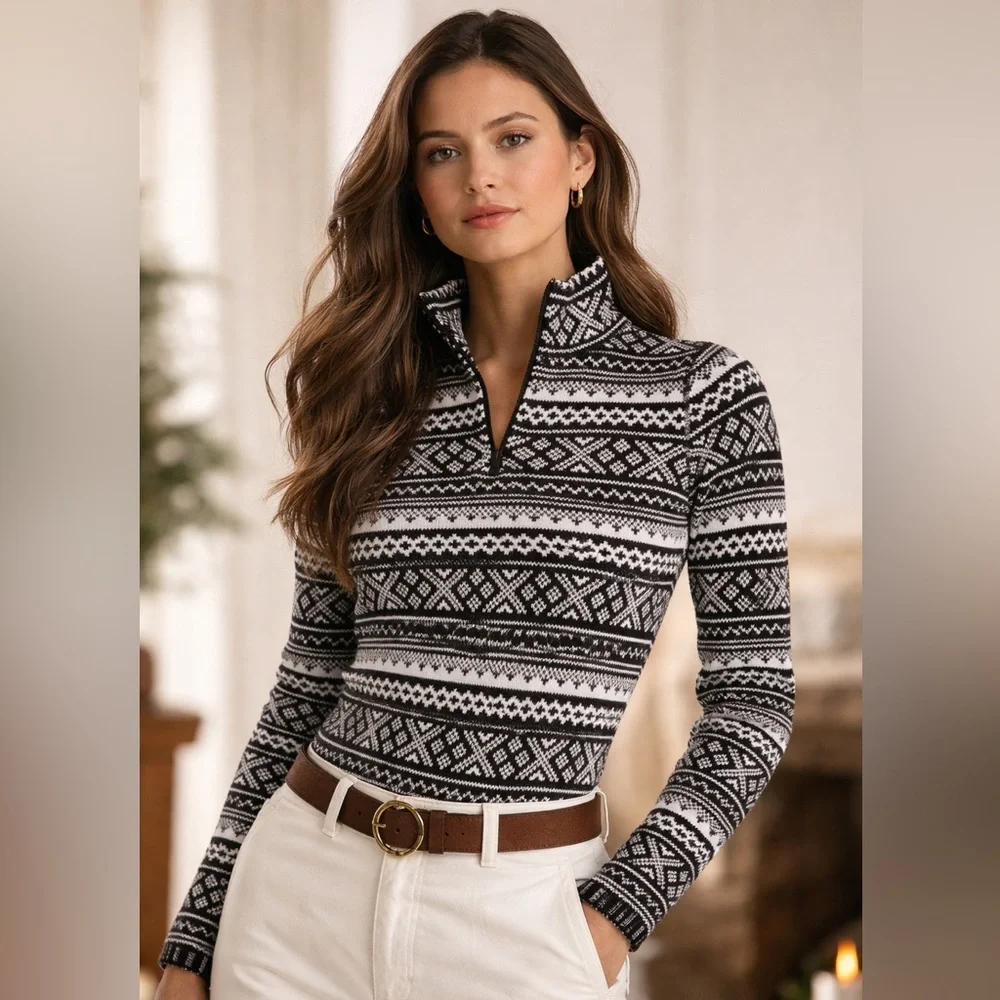 Ralph Lauren Fair Isle Black and White Quarter Zip Petite Large - Picture 1 of 7